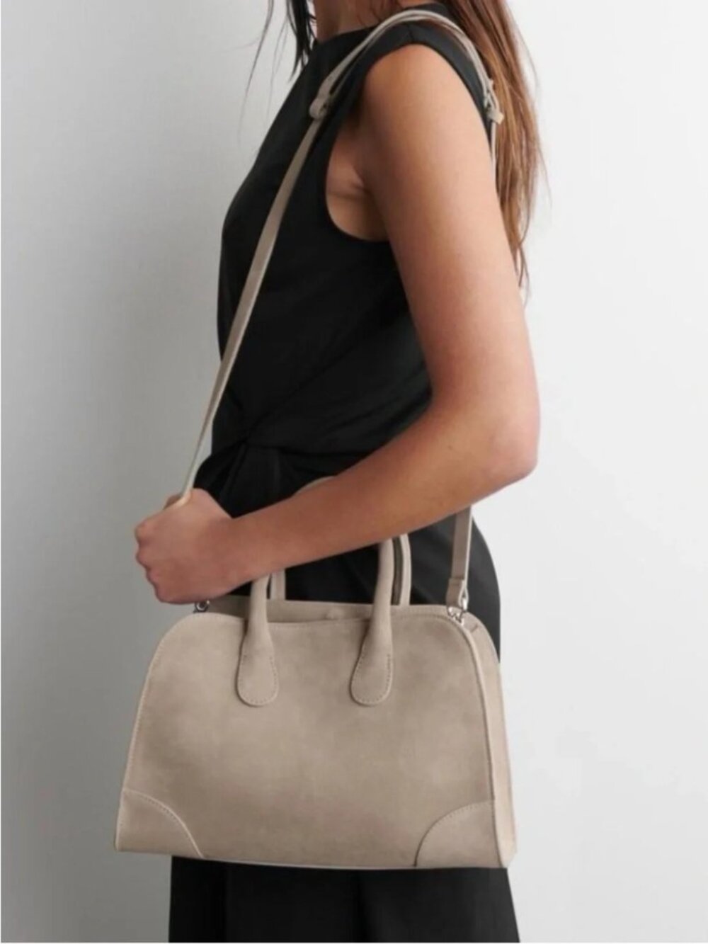 COS Mini Studio Bowling Bag Suede Sand Detachable Shoulder Strap